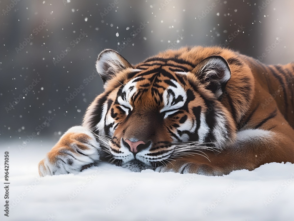 Naklejka premium Siberian Tiger Resting in Serene Snowy Landscape Icy Breath Visible Moody Winter Scene