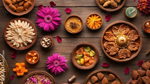 A flat lay of Diwali essentials: sweets, diyas, flower petals, incense, and small gifts, arranged in a decorative pattern on a wooden surface