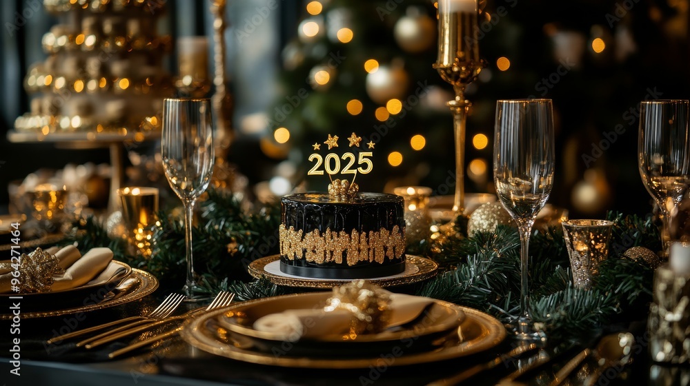 Elegant New Year's Table Setting with Gold Accents and Holiday Decor Elegant New Year's Table Setting with Gold Accents and Holiday Decor