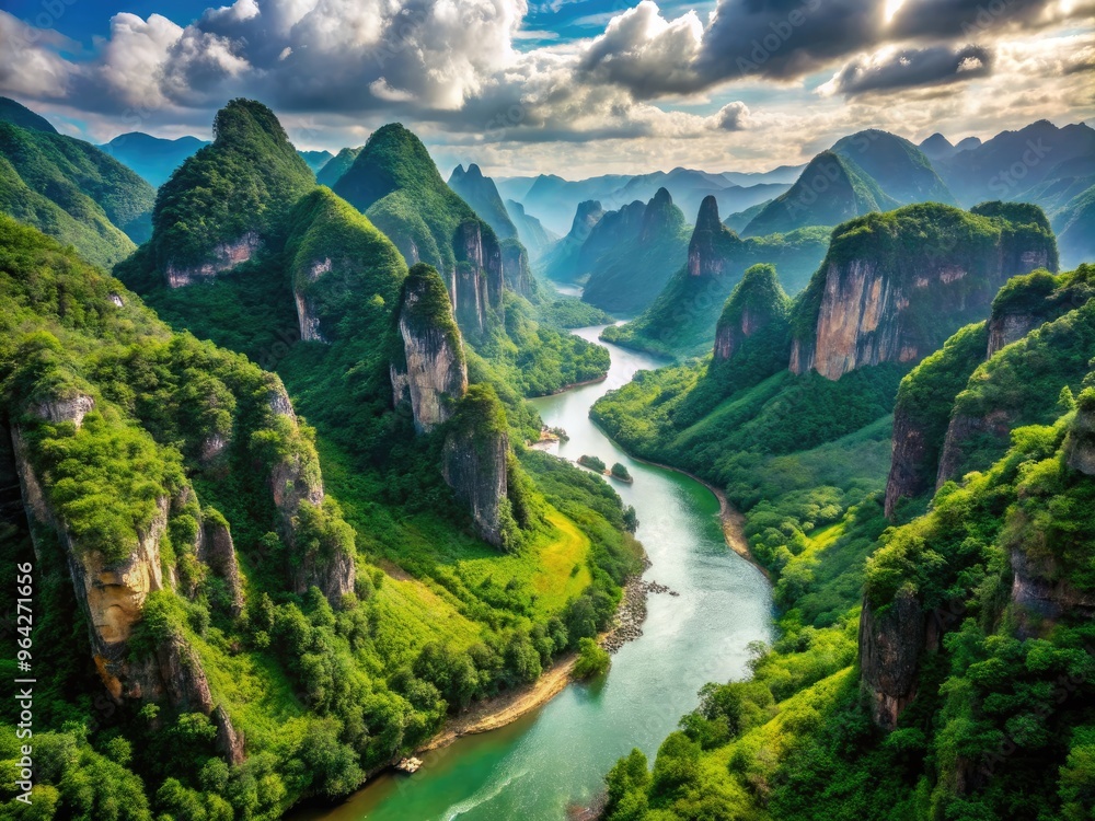 Majestic, serene, and winding giant river snakes through lush green valleys, carved canyons, and misty waterfalls, with distant blue mountains on the horizon. Majestic, serene, and winding giant river snakes through lush green valleys, carved canyons, and misty waterfalls, with distant blue mountains on the horizon.