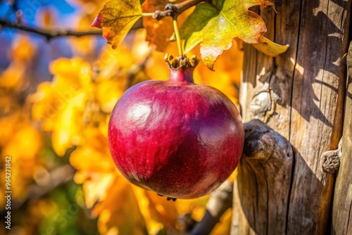 Granate a crimson-purple fruit with uneven pitted surface, growing on a thick, woody vine, against a warm autumnal backdrop with subtle shadows photo