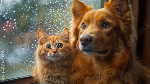 A ginger cat and a golden retriever dog look out of a window at the rain. photo