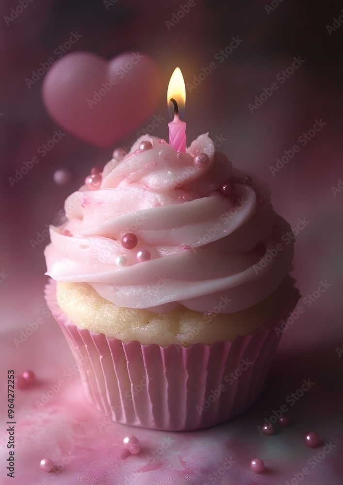 A pink cupcake with a lit candle on top and a heart decoration A pink cupcake with a lit candle on top and a heart decoration