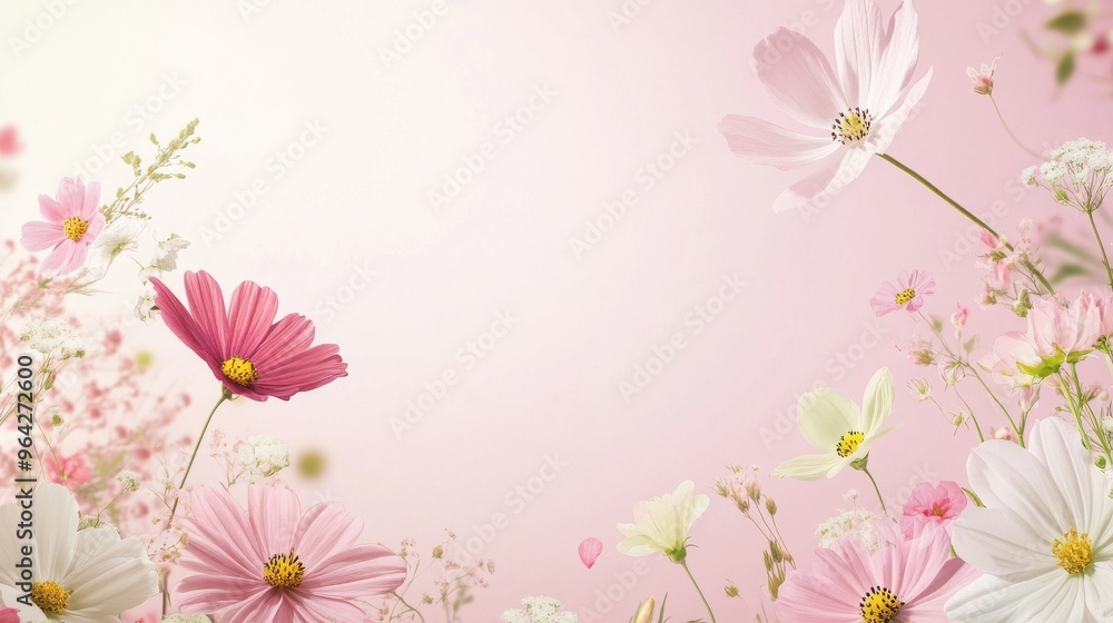 A soft pink background with various flowers as a frame A soft pink background with various flowers as a frame