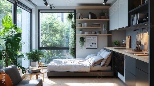 Small studio apartment with a foldable sofa bed, wall-mounted shelves, and a sleek, compact kitchen area. Bright natural light fills the space through large windows