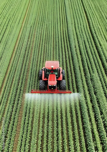 A red tractor is spraying a field of green crops. The tractor is spraying the crops with a chemical to help them grow