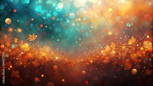 Abstract autumn background in burnt orange, teal and maroon colors with glowing specks