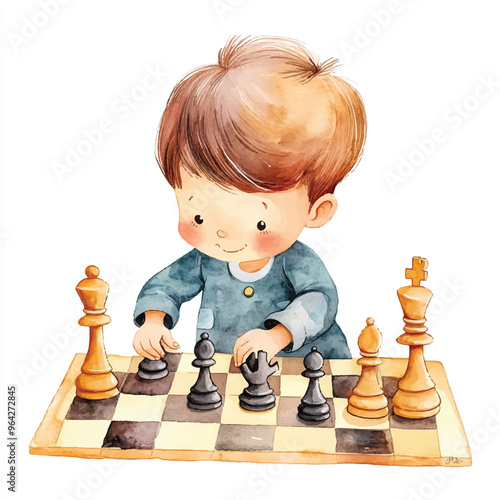 cute kid playing Chess watercolor clipart