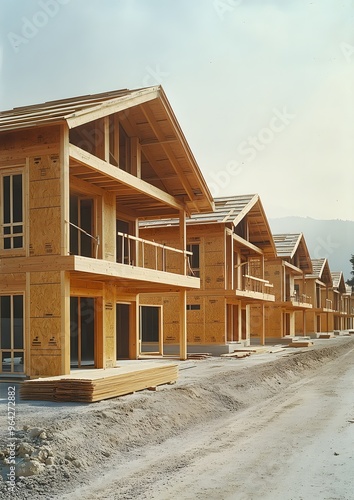 A row of houses are being built with a lot of scaffolding. The houses are made of wood and are in the process of being constructed