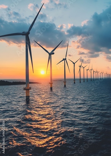 A row of wind turbines are in the water with the sun setting in the background. The scene is serene and peaceful, with the turbines blending in with the natural surroundings