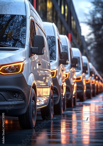 A row of white vans are parked on a wet street. The street is illuminated by the headlights of the vans, creating a sense of motion and energy
