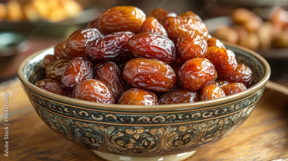 A bowl of dried dates on a wooden surface. A bowl of dried dates on a wooden surface.