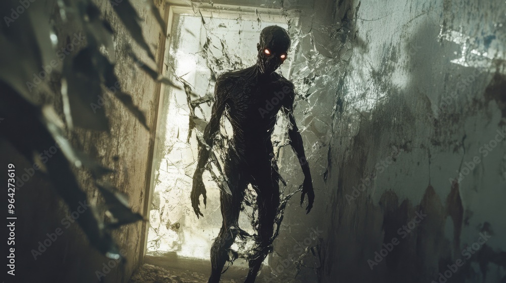 Detailed and Eerie Illustration of a Skin-Walker with Glowing Eyes and a Shifting Form, Capturing the Supernatural and Unsettling Nature of this Mythical Creature Detailed and Eerie Illustration of a Skin-Walker with Glowing Eyes and a Shifting Form, Capturing the Supernatural and Unsettling Nature of this Mythical Creature