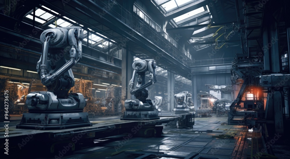Two industrial robotic arms on a factory floor Two industrial robotic arms on a factory floor