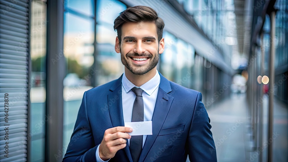 Modern And Professional Portrait Photo Of A Person Holding A Business Card With A Confident Smile On Their Face. Modern And Professional Portrait Photo Of A Person Holding A Business Card With A Confident Smile On Their Face.