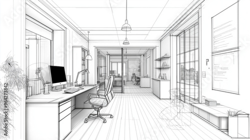 modern office interior, space design, architectural plans, interior design, office sketch, architecture