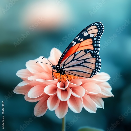 A vibrant butterfly perched on a delicate flower, showcasing intricate patterns and beautiful colors in nature's serene setting. photo