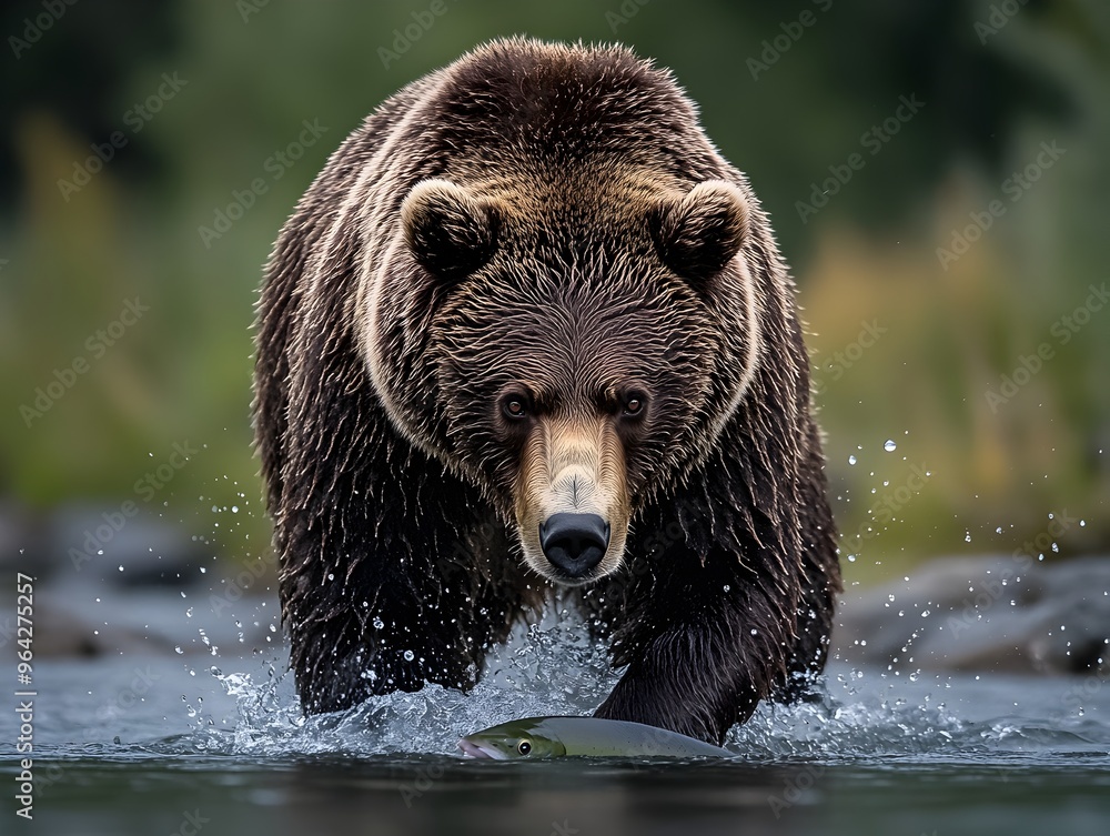 Grizzly Bear Poised to Pounce on Salmon in River at Sunrise Grizzly Bear Poised to Pounce on Salmon in River at Sunrise