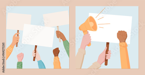 Hands hold blank protest signs with megaphone and raised fist. This social media template captures people in protest, demonstrating strong community support and solidarity with banners and placard.