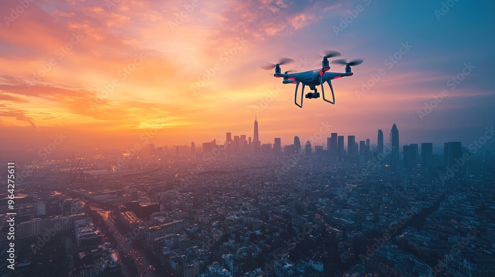 Drone Flying Over City at Sunset Drone Flying Over City at Sunset