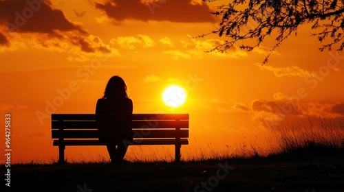 Solitude in Sunset: Woman Alone on Park Bench with Sharp Silhouette and Vibrant Orange Sky Background