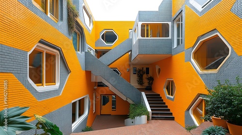 The building is orange and gray with many windows. The building has a stairway that leads to the top