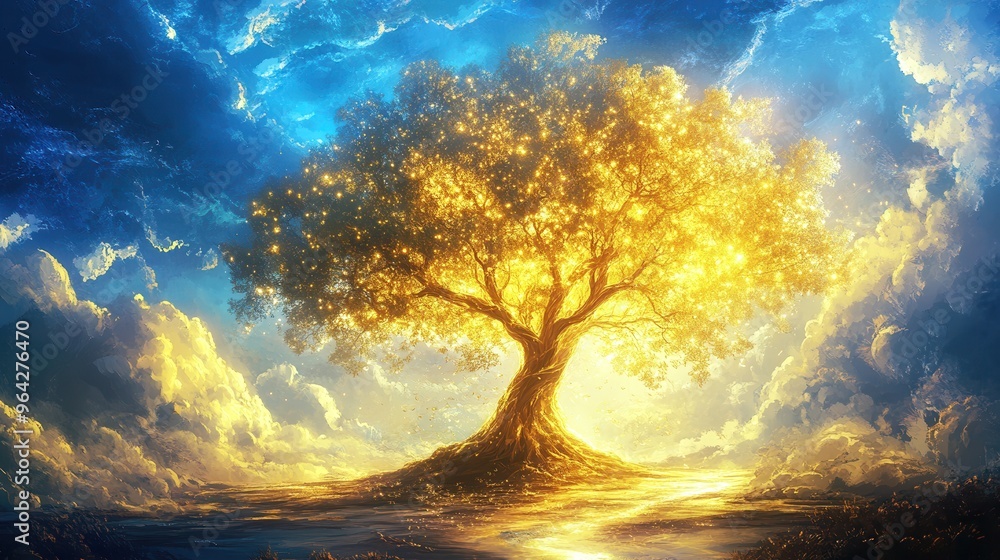 Obraz premium Illuminated Tree of Life in Enchanted Landscape - Fantasy Illustration with Golden Light Against Cool Blue Sky