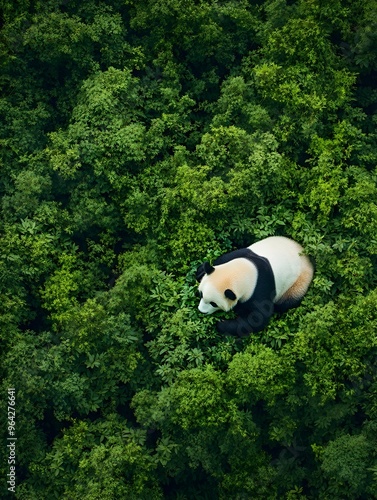 Panda Bear Savors Leafy Meal Amidst Lush Forest Foliage in Tranquil Nature Scene photo