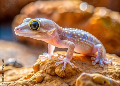 "A gecko's translucent skin glistens on a rocky outcropping, its tiny claws digging into the surface as it surveys its desert surroundings"