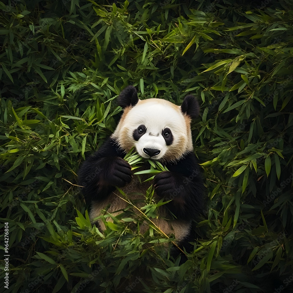 Overhead View of Contented Panda Feeding on Bamboo in Thriving Forest Overhead View of Contented Panda Feeding on Bamboo in Thriving Forest