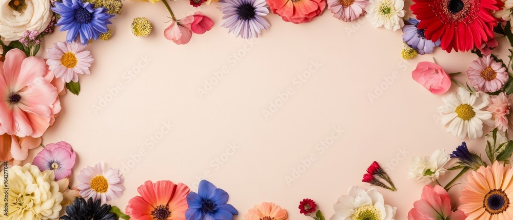 A blank and light-colored background framed by an assortment of colorful flowers A blank and light-colored background framed by an assortment of colorful flowers