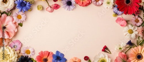 A blank and light-colored background framed by an assortment of colorful flowers