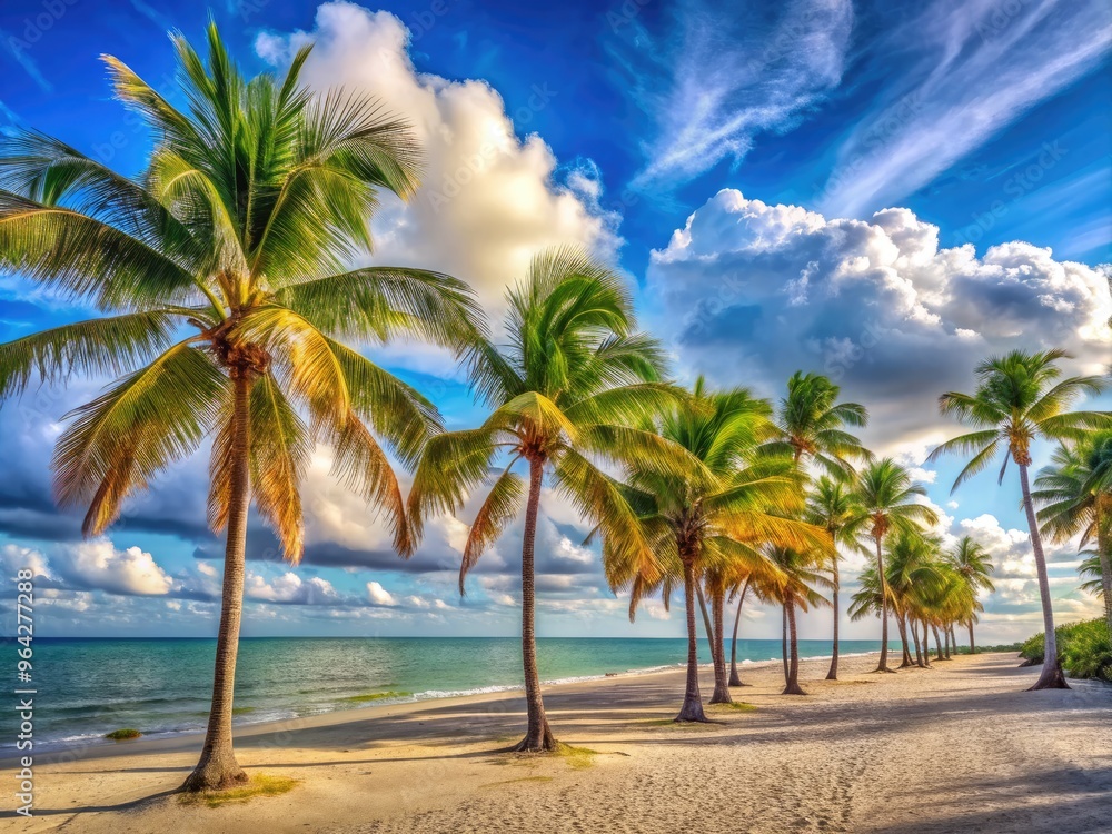 Obraz premium Panoramic View Of A Serene Florida Beach With Towering Palm Trees Swaying In The Gentle Breeze, Capturing The Idyllic Essence Of A Tropical Paradise.