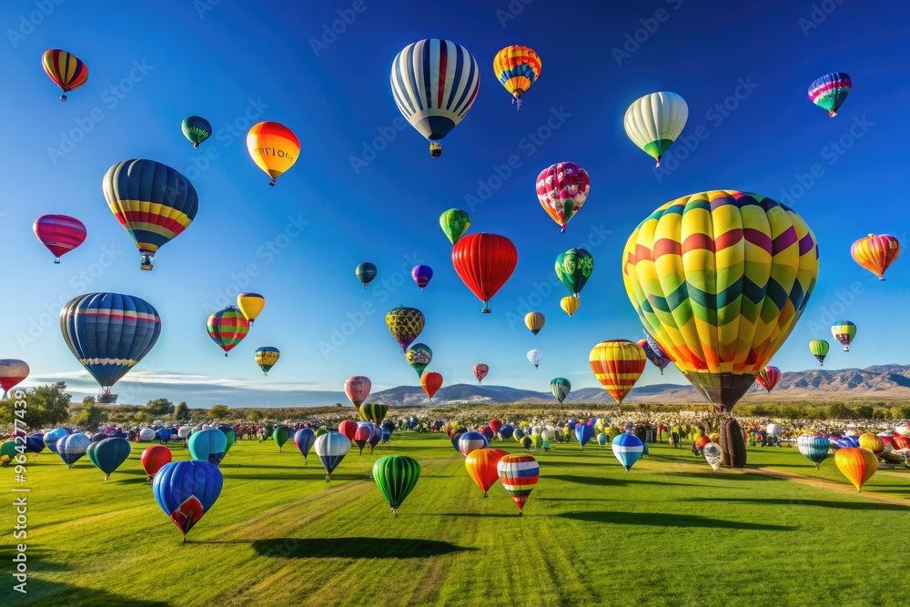 Obraz premium Panoramic View Of Colorful Hot Air Balloons Soaring Over A Grassy Field Against A Cloudless Blue Sky During The Renowned Albuquerque Balloon Festival.