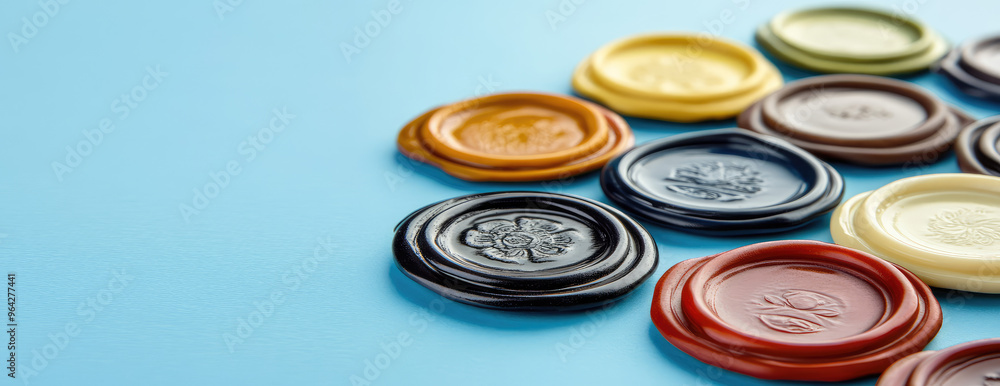 Collection of wax seal stamp designs in various colors and shapes on simple colored background with copy space Collection of wax seal stamp designs in various colors and shapes on simple colored background with copy space