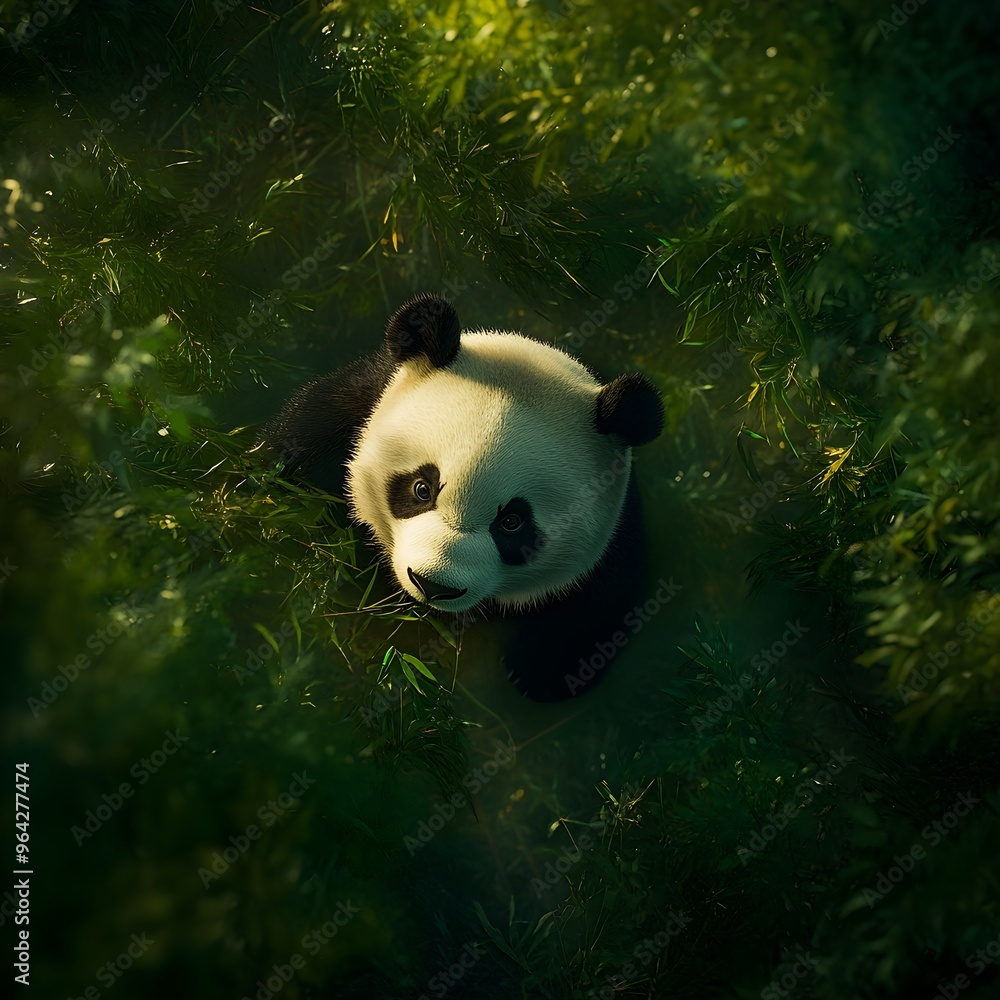Panda Bear Feasting on Bamboo in Flourishing Emerald Woodland with Warm Ambient Lighting Panda Bear Feasting on Bamboo in Flourishing Emerald Woodland with Warm Ambient Lighting