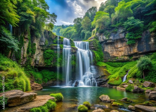 Panoramic View Of Cascading Waterfall Surrounded By Lush Greenery And Rocky Cliffs In A Picturesque Forest Setting