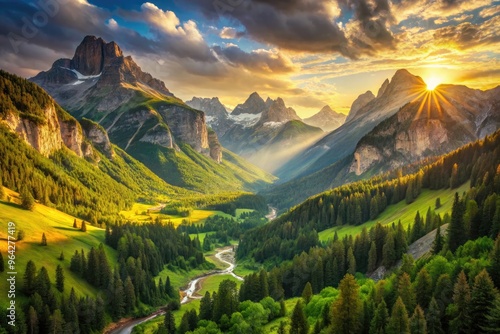 Panoramic View Of Cascading Mountain Peaks And Verdant Valleys Bathed In Golden Sunlight photo