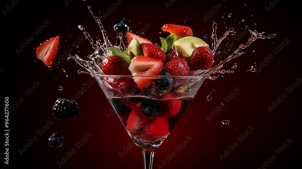 Fruit cocktail, the fruits are falling into the glass, causing a big splash. Fruit cocktail, the fruits are falling into the glass, causing a big splash.