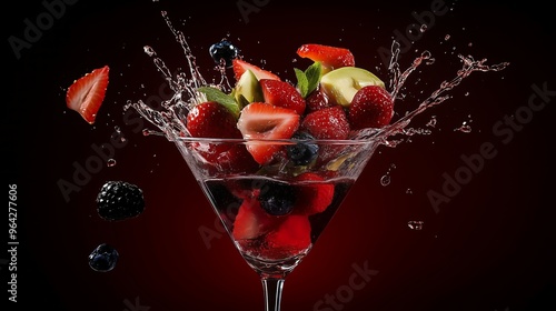 Fruit cocktail, the fruits are falling into the glass, causing a big splash.