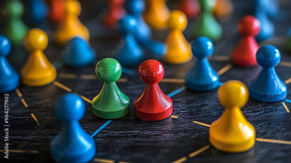Piezas de juego conectadas en una red simbólica de colaboración o networking Piezas de juego conectadas en una red simbólica de colaboración o networking