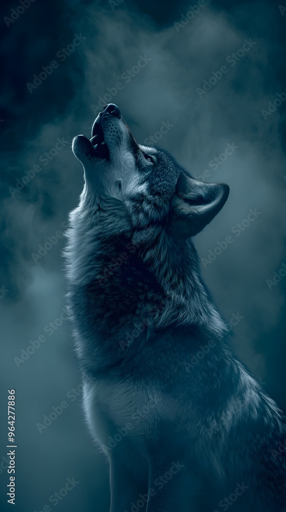 Naklejka premium Intense Gaze of a Wolf Howling in Moody Monochrome Fog of Night