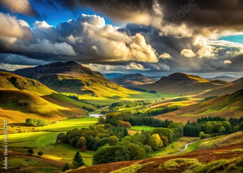 Panoramic View Of Rolling Hills And Lush Valleys Stretching Across The Rugged Scottish Highlands Under A Dramatic Sky