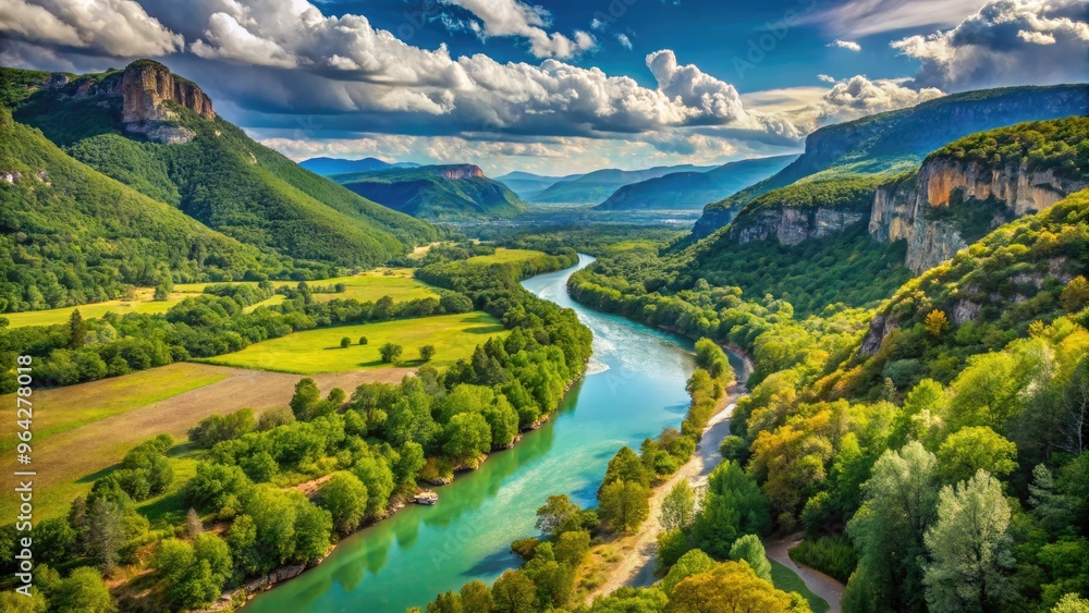 Naklejka premium Panoramic View Of The Gard River Flowing Through A Lush Green Valley With Mountains In The Distance