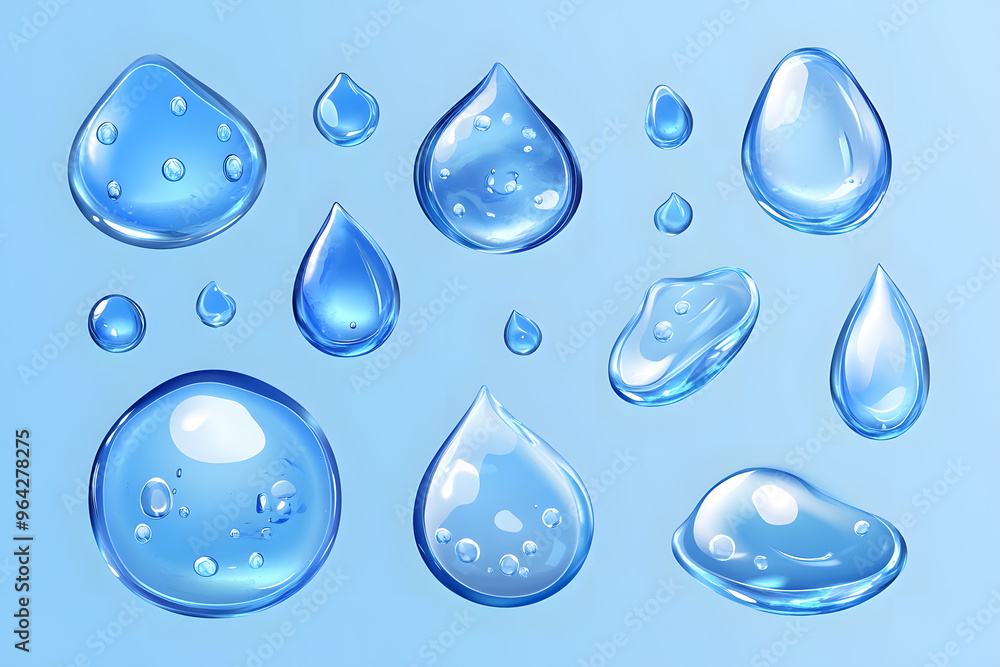 Realistic water droplets vector style set isolated on blue background Realistic water droplets vector style set isolated on blue background