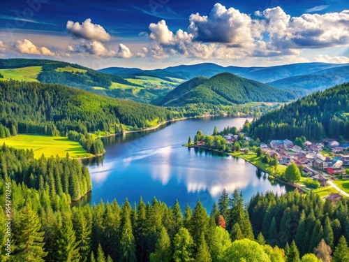 Panoramic View Of The Scenic Lake Titisee Surrounded By Lush Forests And Snow-Capped Mountains In The Black Forest photo