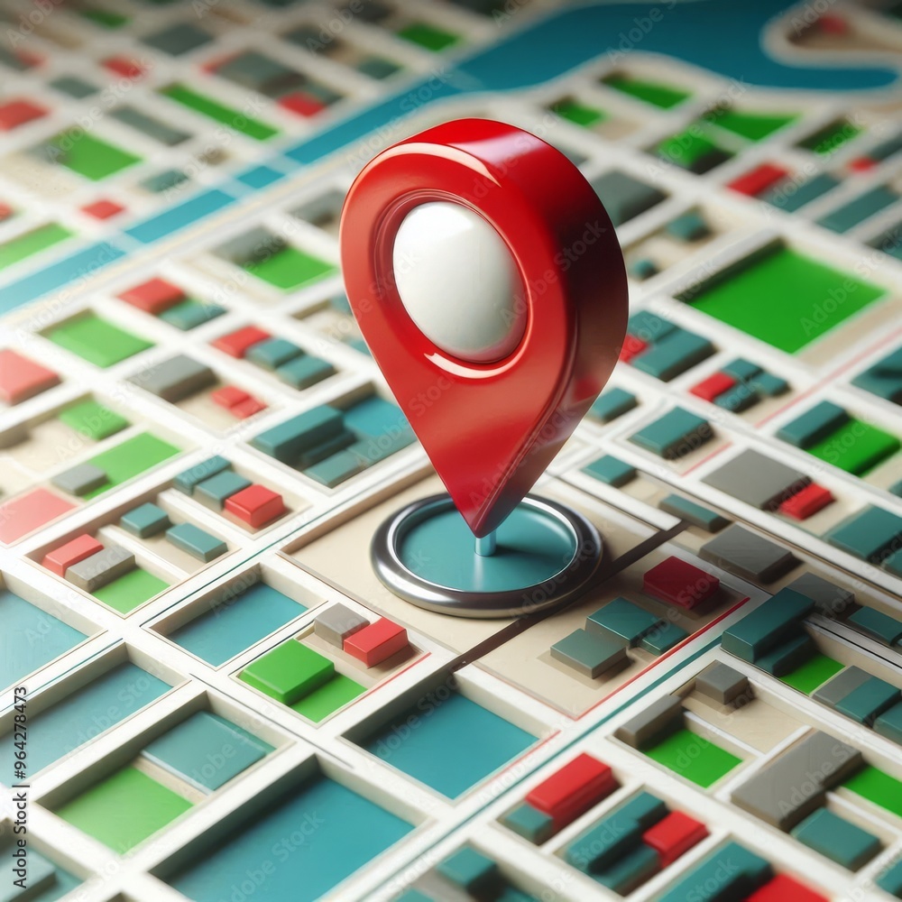 A highly detailed 3D rendering of a city map with a prominent red ...
