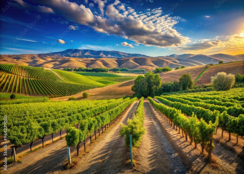Picturesque Vineyard Nestled Amidst Rolling Hills, Rows Of Lush Grapevines Under A Clear Blue Sky In The Heart Of A Desert Landscape. Picturesque Vineyard Nestled Amidst Rolling Hills, Rows Of Lush Grapevines Under A Clear Blue Sky In The Heart Of A Desert Landscape.