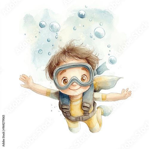 cute kid playing diving watercolor clipart