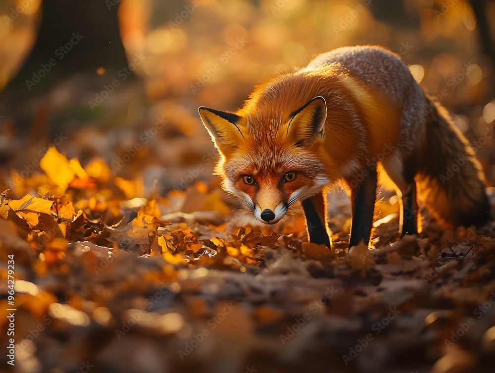 Naklejka premium A Red Fox Stalking Cautiously Through an Autumnal Forest Bathed in Warm Golden Light